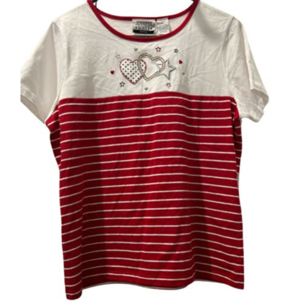 Jennifer Scott Petite Red White Heart Star Shirt Petite Large‎ New With Tags